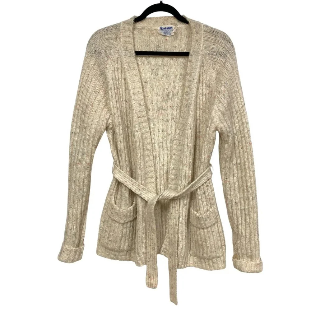 John Meyer Vintage Open Cardigan‎ Off-White Colored Speckles Mohair Blend Medium
